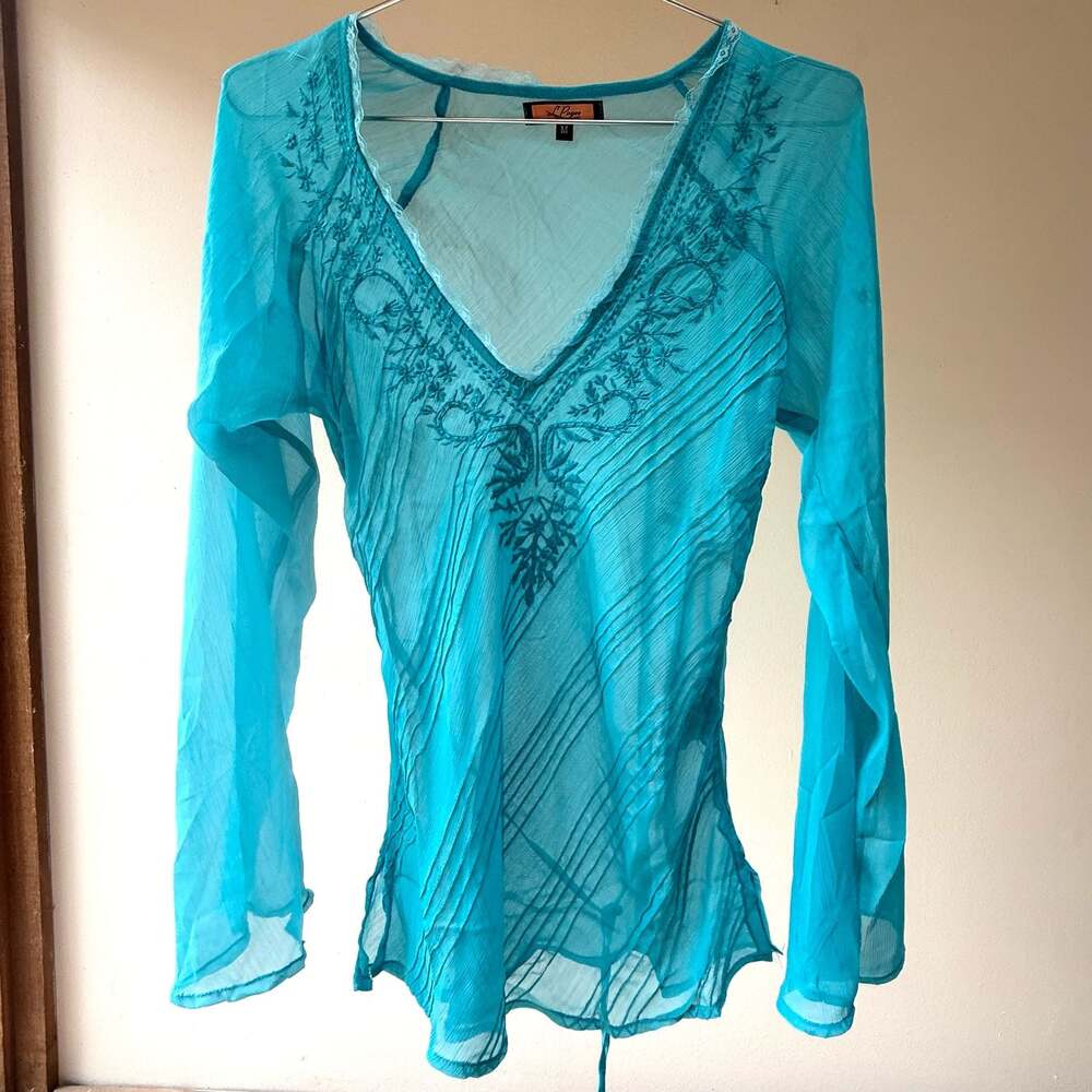 Vintage Y2K Turquoise Sheer Embroidered Bell Sleeve Tunic Top - Picture 1 of 12